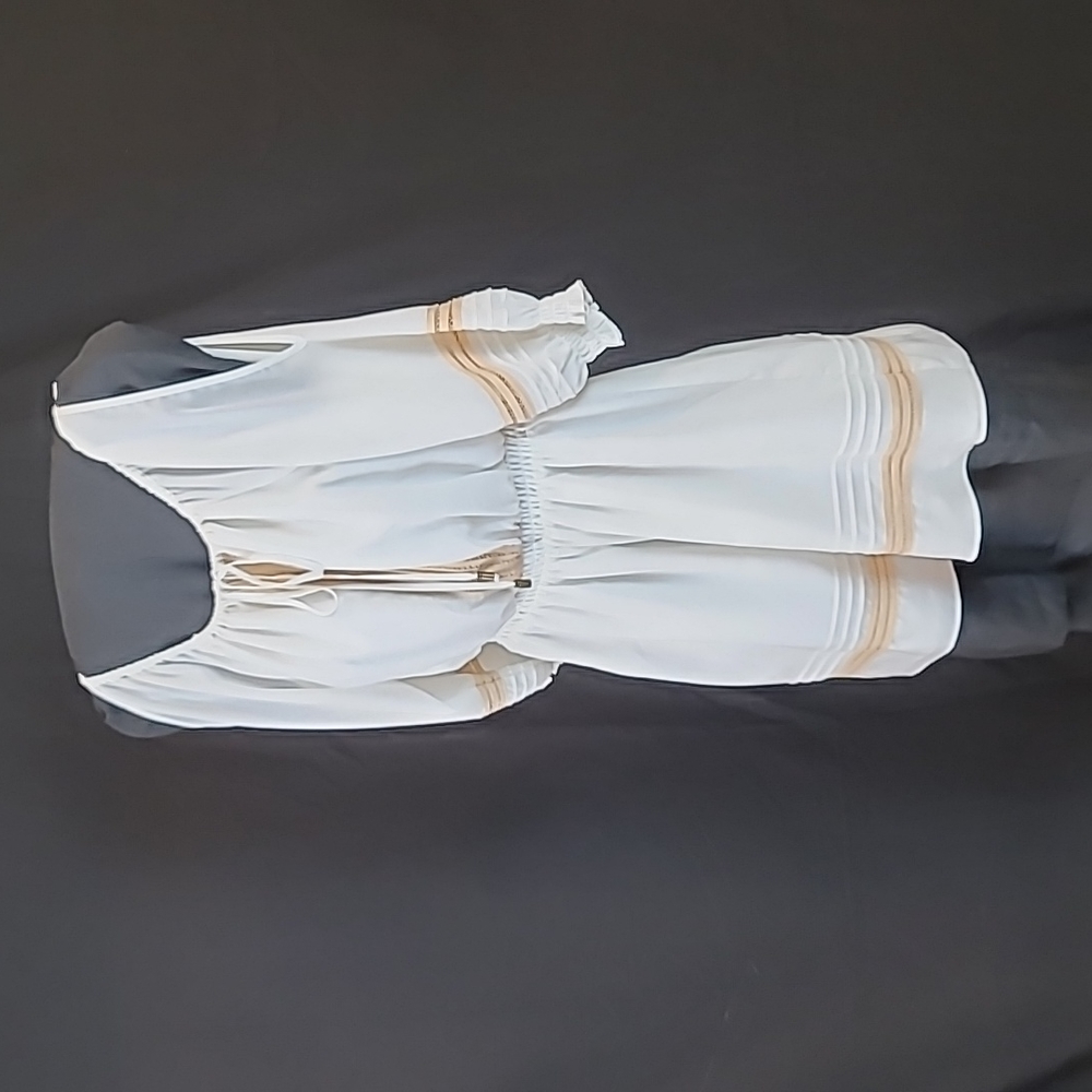 Bebe White/Beige Peasant 3/4 Slit Sleeve, Front Bow Mini Dress XS Pre-Owned NWOT